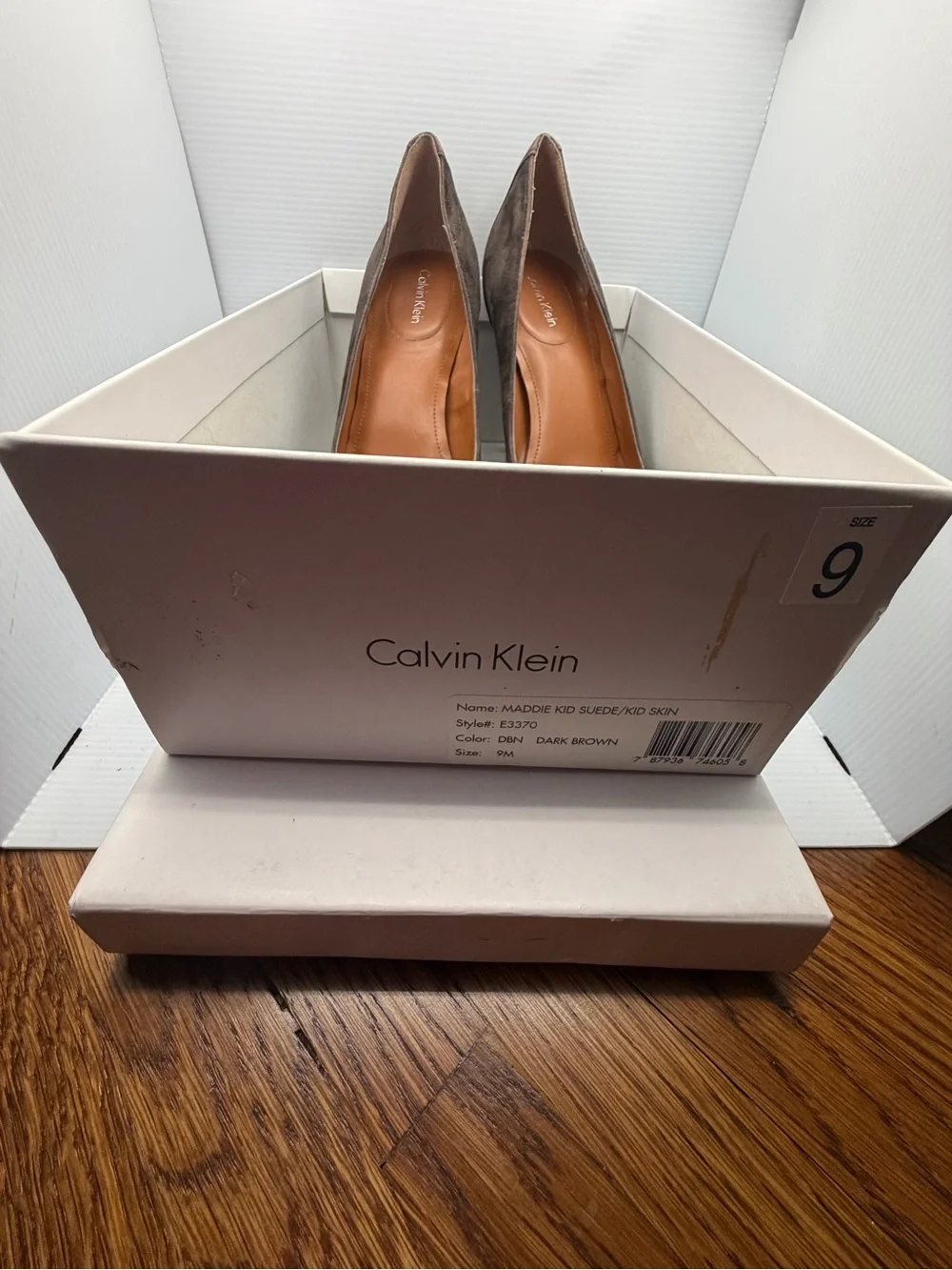 Calvin Klein Dark Brown Suede Pumps with Gold Chain Accent